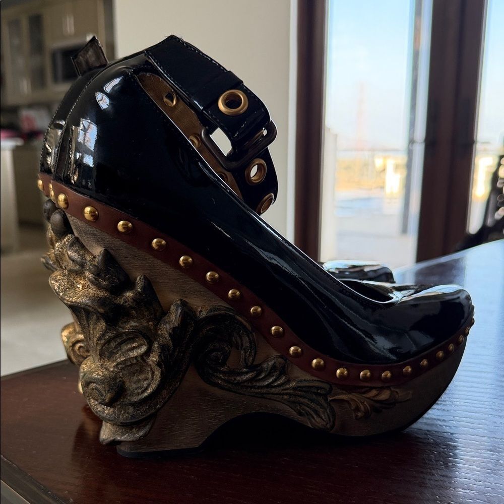 Miu Miu Black Heels with Sculpted Gold Accents - Picture 2 of 13